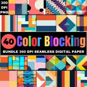 May include: A set of 40 digital papers featuring colorful geometric patterns and textures. The papers are 300 DPI and seamless, making them perfect for crafting and design projects.