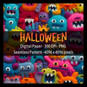 May include: A seamless digital paper pattern featuring a colorful array of cartoon monsters with various expressions. The background is a vibrant mix of pink, blue, green, yellow, and orange. The text "HALLOWEEN" is displayed in bold, orange letters at the top of the image. The text "Digital Paper - 300 DPI - PNG" and "Seamless Pattern - 4096 x 4096 pixels" is also included.