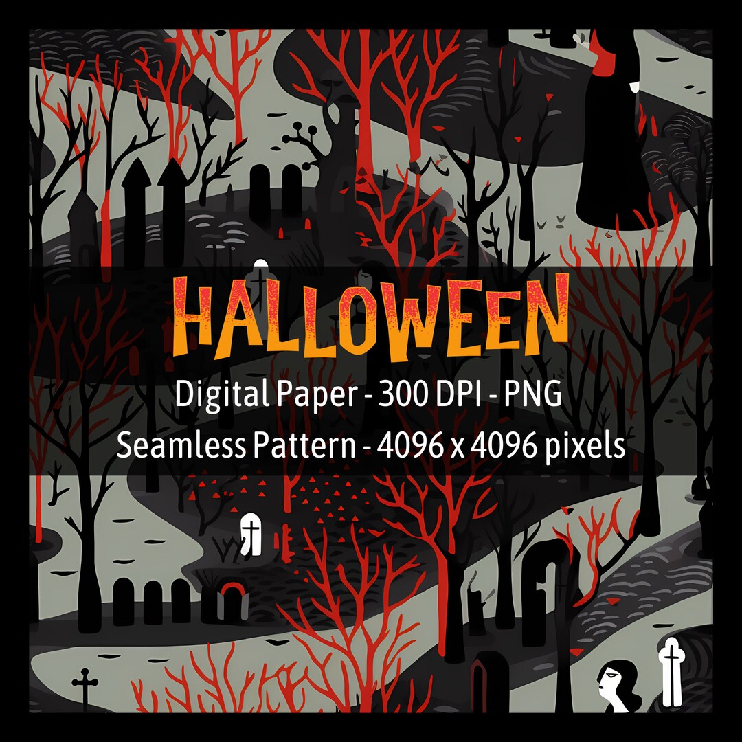 Halloween Minimalist Graveyard Digital Paper Seamless Pattern Spooky ...