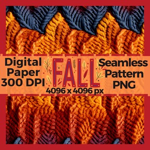 May include: A seamless pattern digital paper featuring a knitted texture in shades of orange, yellow, and blue. The word "FALL" is written in red with white outlines and small leaf accents. The image is 4096 x 4096 pixels and 300 DPI.