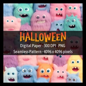 May include: A seamless pattern digital paper featuring a repeating design of colorful fuzzy monsters with big eyes and toothy grins. The pattern is 4096 x 4096 pixels and 300 DPI. The text "HALLOWEEN" is displayed in orange letters on a black background.