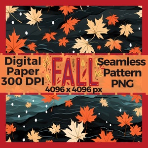 May include: A seamless digital paper pattern featuring colorful autumn leaves on a dark blue background. The pattern is 4096 x 4096 pixels and 300 DPI. The text "FALL" is displayed in red letters with blue outlines.