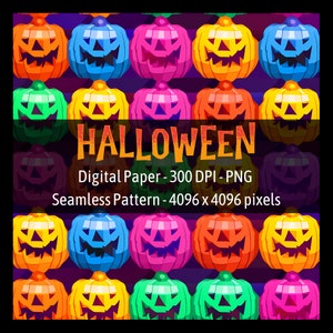 Peut inclure: Un motif sans couture représentant des visages de citrouilles d'Halloween colorés sur un fond violet foncé. Le texte "HALLOWEEN" est au centre du motif en orange et jaune avec un effet scintillant. Papier numérique - 300 DPI - PNG. Motif sans couture - 4096 x 4096 pixels.