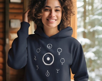 Astronomy Lovers Hoodie, Hand-Drawn Planetary Symbols, Astrology-Inspired, Astronomical Symbols Design, Unisex Heavy Blend Hooded Sweatshirt