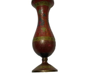 VINTAGE INDIA HAND carved and painted bronze brass vase , 8 1/2" T X 2 3/4" D