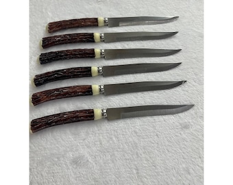 Vintage Set of 6 Faux Stag Handle Steak Knives Rustic Cabin Style Stainless