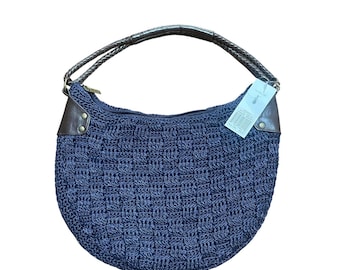 The Sak Jessica Midnight Navy Blue Crochet Hobo Bag Leather Trim 100778 NEW
