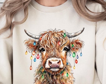 Christmas Cow Sweatshirt, Cow Lights Sweater, Cow Women Sweatshirt, Cow Lover Tee, Christmas Sweatshirt, Highland Cow Sweatshirt, Farm Xmas