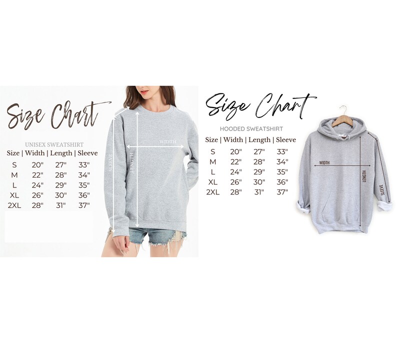 May include: A size chart for unisex sweatshirts and hooded sweatshirts. The chart displays measurements for width, length, and sleeve length in inches for sizes S, M, L, XL, and 2XL. A model is wearing a gray sweatshirt.