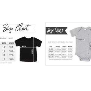 May include: A size chart for toddler and baby clothing. The toddler chart shows measurements for sizes 2T to 5T, with width and length in inches. The baby chart includes sizes 3-6M to 18-24M, with weight, length, and width in inches.