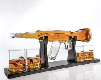 Refined Firepower: Limited Edition 800ml Rifle Gun Whiskey Decanter with 4 Bullet Whiskey Glasses and Mahogany Wooden Base