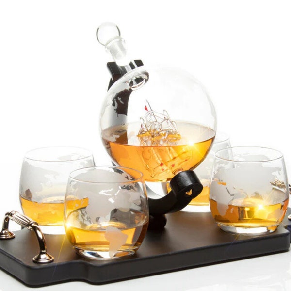 Exquisite Whiskey Decanter Set: Etched Globe Design with 4 Glasses and Wooden Tray featuring Gold Handles
