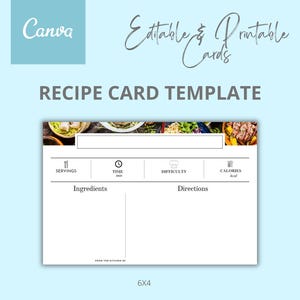 Può includere: Un modello di carta da ricetta stampabile con sfondo bianco e un'immagine di cibo colorata in alto. Il modello include sezioni per porzioni, tempo, difficoltà, calorie, ingredienti e istruzioni. Il testo "6x4" è in fondo alla carta.