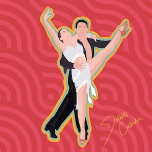 May include: A couple in a ballroom dance pose, the woman wearing a white dress and the man wearing a black suit, against a red and white wavy background. The image is signed "D'HANI Collection".