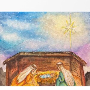 Prachtige kerststalwenskaart, originele aquarelkunst, kerstkaart, religieuze kerstkaart, gepersonaliseerd kaartje, perfect cadeau