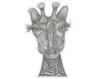 May include: A black and white line drawing of a giraffe's head and neck. The giraffe's eyes are large and expressive, and its neck is covered in intricate patterns.