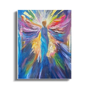 Vibrant angel painting canvas wall art, Abstract colorful angel wings print, Spiritual fantasy art decor, Original art on canvas