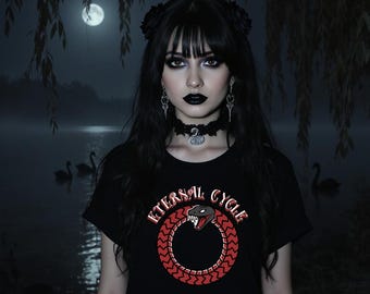 エターナルサイクルTシャツ ゴシック ウロボロス スネーク レッドデザイン ユニセックスTシャツ