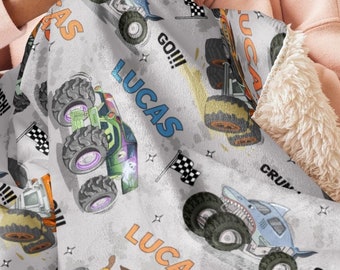 Spersonalizowany koc Monster Trucks, Minky, koc Sherpa, spersonalizowany koc, prezent urodzinowy, szary koc Monster Jam dla dzieci