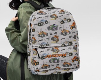 Custom Monster Trucks Backpack, Grey Monster Jam Backpack, Monster Trucks Gift, School Backpack, Christmas Gift, Birthday Gift for Boy