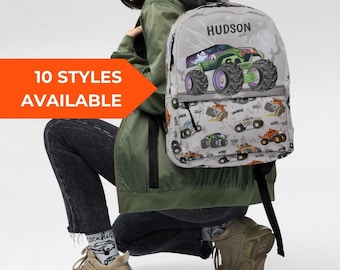 Custom Monster Trucks Backpack, Gray Monster Jam Backpack, Monster Trucks Gift, School Backpack, Bookbag for Kids