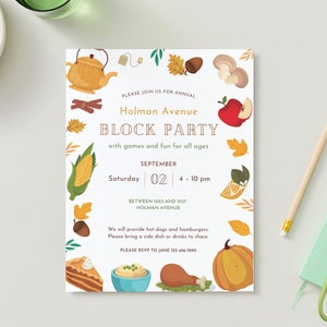 May include: A white invitation with a colourful autumn theme. It invites you to the Holman Avenue Block Party on 02 September from 4-10 pm. The invitation features illustrations of autumnal foods like corn, apples, pumpkins, and a teapot. It also includes the address: Between 1023 and 1037 Holman Avenue. The text reads: "Please join us for annual Holman Avenue Block Party with games and fun for all ages. September 02 4-10 pm. Between 1023 and 1037 Holman Avenue. We will provide hot dogs and hamburgers. Please bring a side dish or drinks to share. Please RSVP to Jane 123-456-7890."
