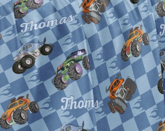 Kocyk z imieniem na zamówienie, spersonalizowany koc, spersonalizowany koc Monster Trucks, prezent świąteczny, dekoracja pokoju chłopca, koc Minky, koc Monster Jam