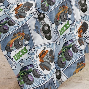 Benutzerdefinierte Monster Trucks Decke, personalisierte Comics Decke, benutzerdefinierte Name Decke, Weihnachtsgeschenk, Jungen Zimmer Dekor, Minky Decke, Monster Jam