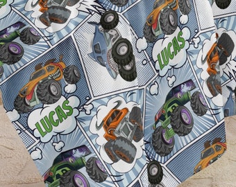 Spersonalizowany koc Monster Trucks, spersonalizowany koc komiksowy, spersonalizowany koc z imieniem, prezent świąteczny, wystrój pokoju chłopca, koc Minky, Monster Jam