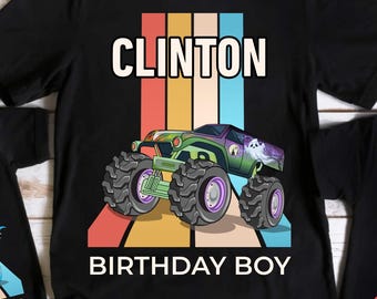 Camiseta de Monster Trucks con nombre personalizado, camiseta de algodón negra, camiseta de cumpleaños a juego, camisetas personalizadas para el equipo de boxes familiar, camiseta de fiesta de cumpleaños para niño