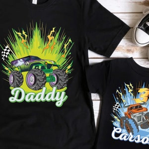 Camiseta negra de Monster Trucks con nombre personalizado, 100 % algodón, ideal para cumpleaños, personalizada para el equipo de boxes familiar, ideal para cumpleaños de niño.