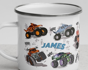 Aangepaste monstertrucks kinderen 12oz geëmailleerde mok, gepersonaliseerde kinderbeker, jongen vrachtwagenmokken, auto kindernaammok, verjaardagscadeau jongen, campingmok