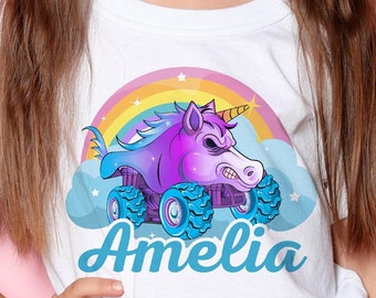 Custom Unicorn Monster Truck T-Shirt, 100 % Cotton Tee, 2nd 3rd 4th 5th 6th Birthday Shirt, Personalized  Family Matching Pit Crew Shirts