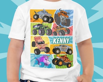Camiseta personalizada de Monster Trucks, 100 % algodón, ideal para cumpleaños de 2.º, 3.º, 4.º, 5.º y 6.º año. Camisetas personalizadas para el equipo de boxes de toda la familia.