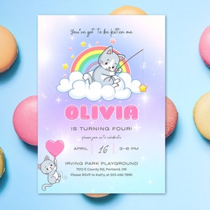 Editierbare süße Regenbogen-Katzen-Einladung, Kitty-Katzen-Party, Kawaii-Einladung, Katzen-Geburtstag, Are You Kitten Me, Mädchen-Geburtstag, sofortiger Download