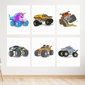 May include: Six colorful monster truck illustrations on white backgrounds. The trucks feature unique designs, including a unicorn, a shark, and a monster with fangs. The trucks have large tires and are suitable for children's room decor.