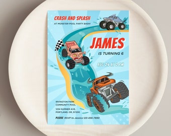 EDITABLE Monster Trucks Birthday Pool Party Invitation, Boy Birthday Invitation Template, Zombie, El Toro Loco, Megalodon, Instant Download