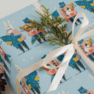 Carta da regalo per le feste francesi, carta da regalo di Natale a Parigi, carta da regalo con gatto e coniglio e baguette francese per le feste