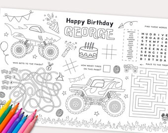 EDITABLE Monster Trucks Party Placemat, Boy Birthday, Monster Jam Games, Coloring Page, Activity Mat, DIY Tablemat, Instant Download