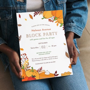 May include: A white invitation with fall-themed illustrations of pumpkins, leaves, and a pie. The text reads "Please join us for annual Holman Avenue Block Party with games and fun for all ages. September 02, 4-10 pm. Between 1023 and 1037 Holman Avenue. We will provide hot dogs and hamburgers. Please bring a side dish or drinks to share. Please RSVP to Jane 123-456-7890."