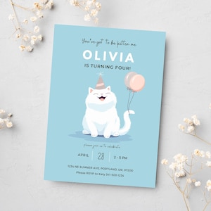 Modèle d'invitation modifiable Kitty Cat Invitation de fête d'anniversaire chat blanc Modèle d'invitation d'anniversaire fille Kitty Cat, téléchargement immédiat