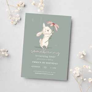 EDITABLE Cute White Bunny Birthday Invitation Template, Somebunny is Turning One Invitation, Girl First Birthday Invitation Instant Download
