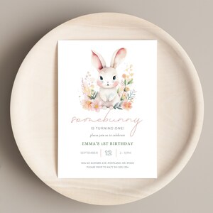 EDITABLE Bunny Birthday Invitation Template, Somebunny is Turning One Editable Invitation, Girl First Birthday Invitation Instant Download