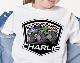 Custom Name Monster Trucks Black T-Shirt, White Cotton Tee, Matching Birthday Shirt, Personalized Family Pit Crew Shirts, Boy Birthday Shirt