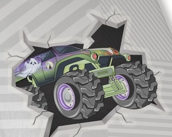Monster Trucks Sticker, Grave Digger Breaking a Wall, Monster Jam Sticker, Kiss-Cut Vinyl Sticker, Transparent Sticker, Wall Decals