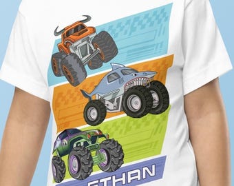 Custom Name Monster Trucks T-Shirt, 100 % Cotton Tee, Matching Birthday Shirt, Personalized Family Pit Crew Shirts, Boy Birthday Party Shirt