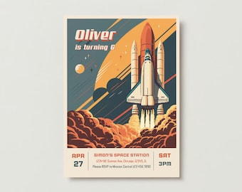 Op de afbeelding: Een retro-stijl verjaardagsuitnodiging met een spaceshuttle die de ruimte in schiet met oranje, gele en blauwe wolken. De tekst luidt "Oliver wordt 6" en bevat de datum en tijd van het feest: "APR 27, SAT 3PM".