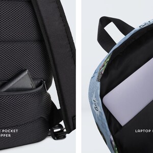 May include: Black backpack with a hidden zippered pocket and a laptop pocket. The backpack has a mesh back panel and straps. The interior of the backpack is black, and a laptop is visible inside. The exterior has a blue and white design.