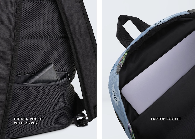 May include: Black backpack with a hidden zippered pocket and a laptop pocket. The backpack has a mesh back panel and straps. The interior of the backpack is black, and a laptop is visible inside. The exterior has a blue and white design.