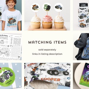 May include: A collection of monster truck-themed party supplies. Items include t-shirts, cupcake toppers, a water bottle, a backpack, a coloring sheet, an ornament, wrapping paper, and a birthday invitation. The designs feature monster trucks and the names "Papa", "Lucas", "George", and "Cooper".